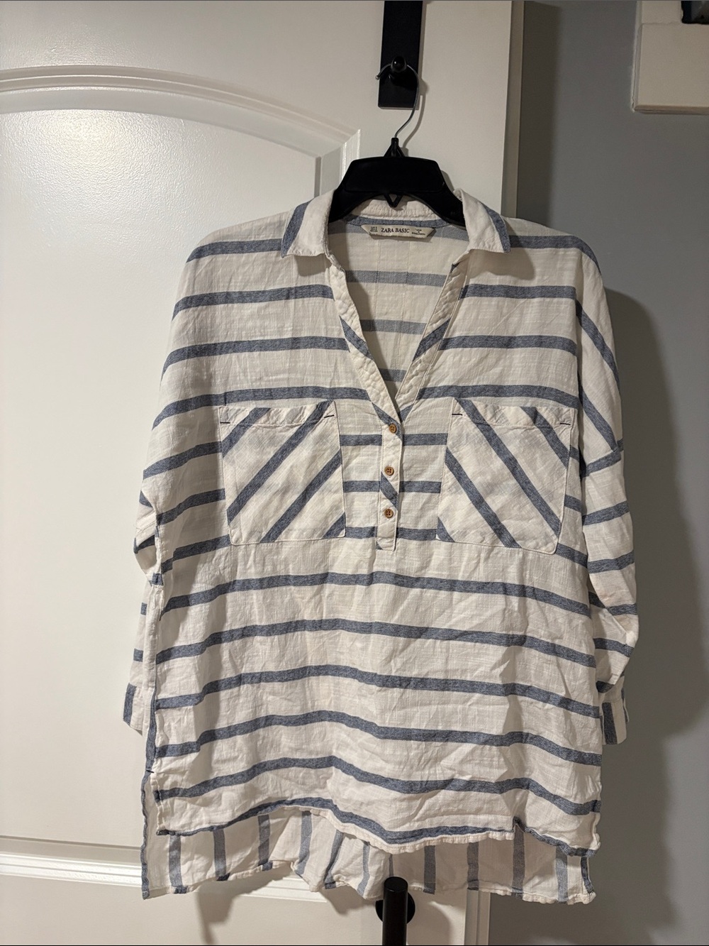Zara Cream and Blue Striped Button-Popover Tunic